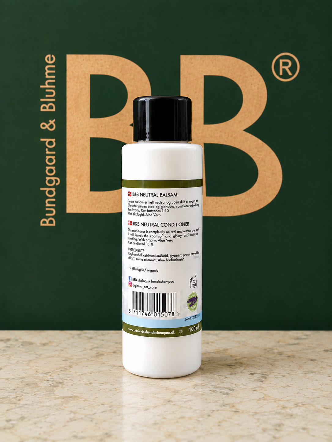 Back of B&B Organic Neutral Conditioner with Aloe Vera, 100 mL bottle