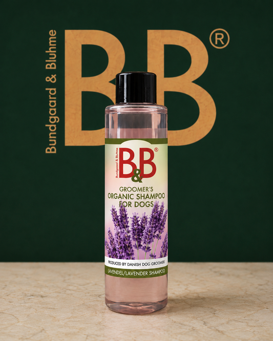 B&B Organic Lavender Shampoo for Dogs 100 mL bottle on branded background