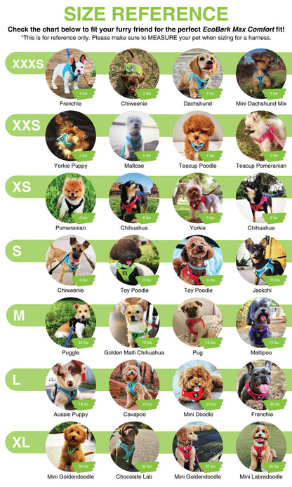 EcoBark step-in dog harness size guide for teacup, toy, and small breed dogs