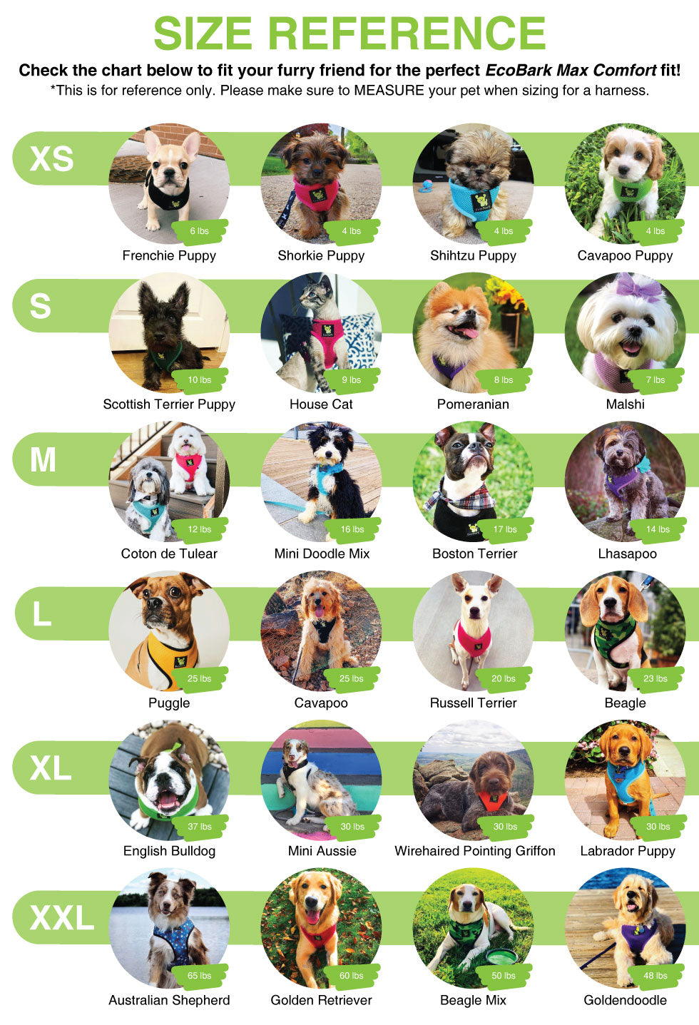     Breed reference guide for EcoBark Max Comfort Dog Harness sizing with recommended dog breeds by size