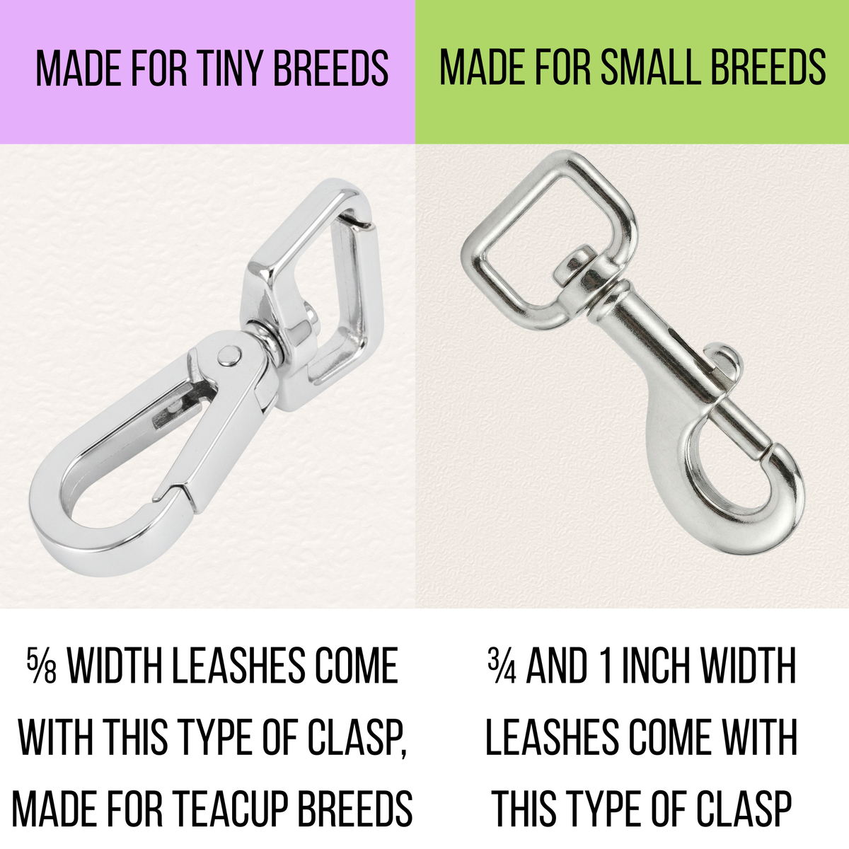 EcoBark leash hardware comparison showing clasp styles for toy breeds and small breeds.
