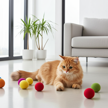 Orange cat playing with assorted-color wool felt ball cat toys