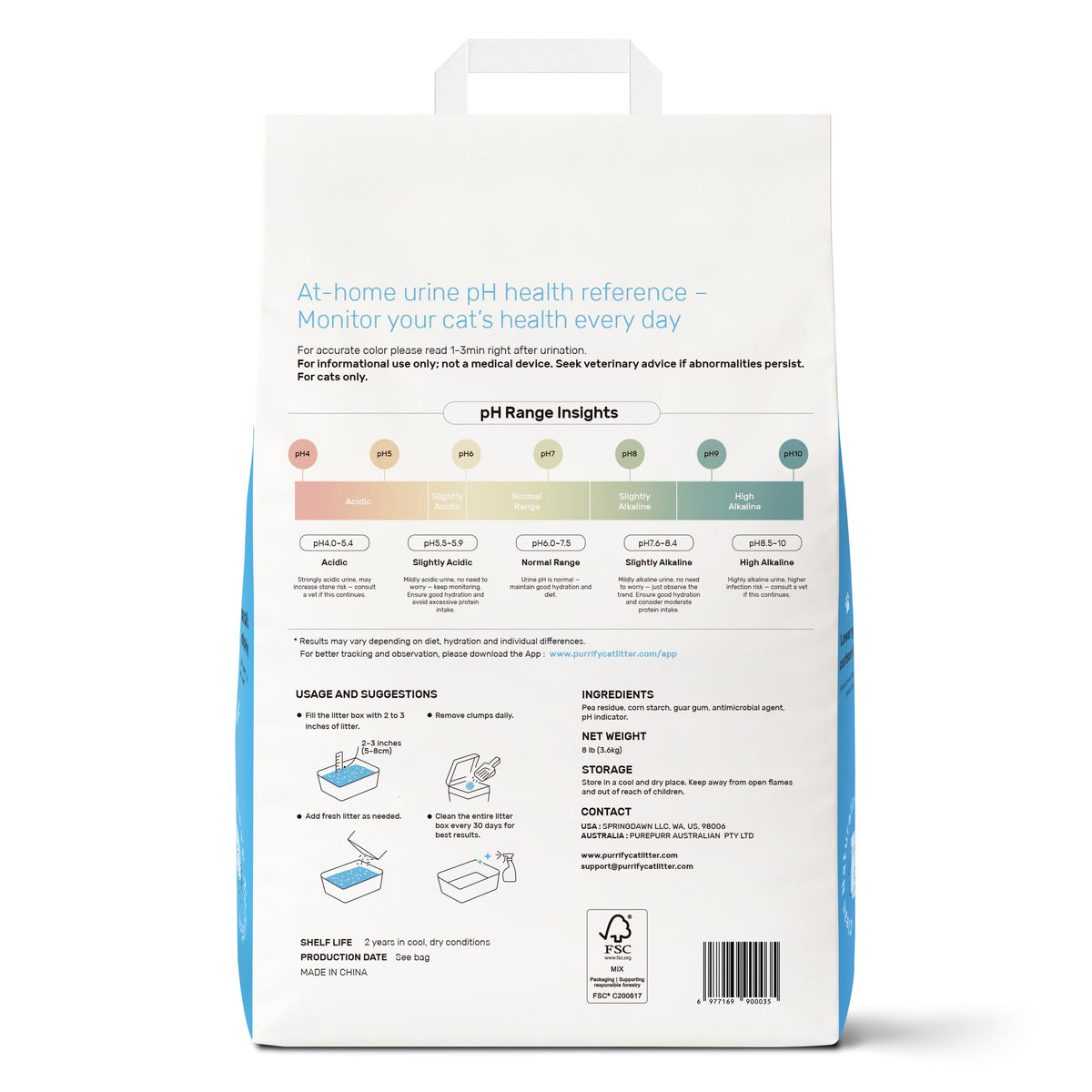 Back of purrify Smart pH Insight plant-based clumping cat litter packaging