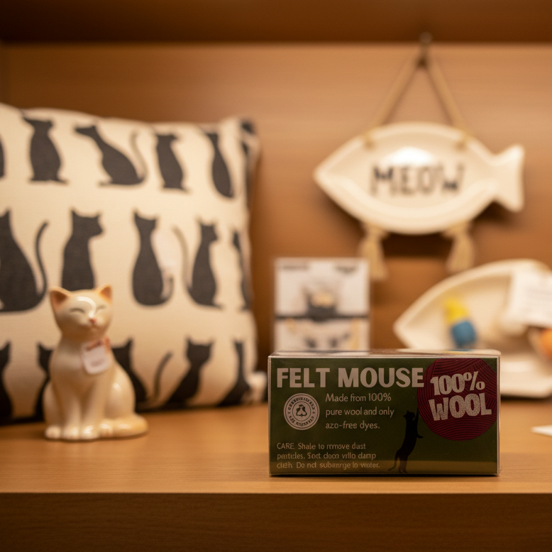 Gray wool felt mouse cat toy displayed with its product packaging