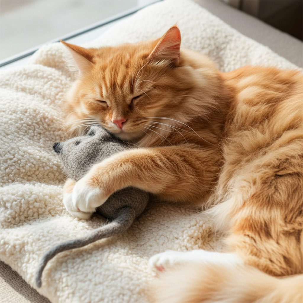 Cat playing with a gray wool felt mouse cat toy