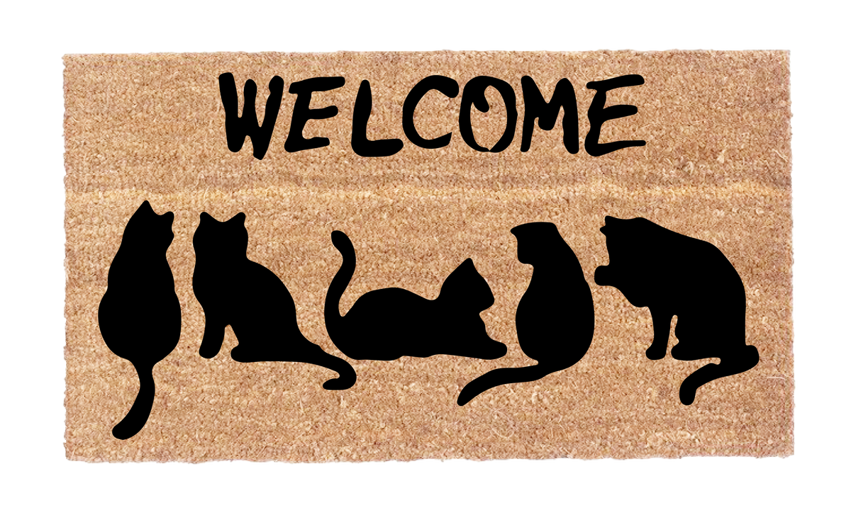 Welcome cat doormat with five black cat silhouettes on natural coir