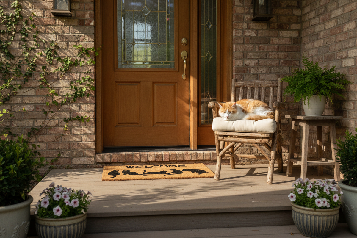 Welcome cat doormat with five cat silhouettes at a residential front door