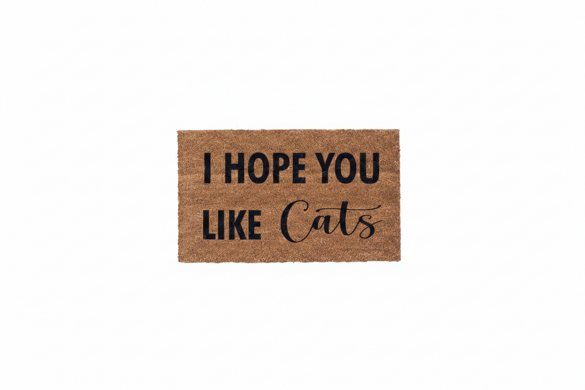 I Hope You Like Cats natural coir doormat on a white background