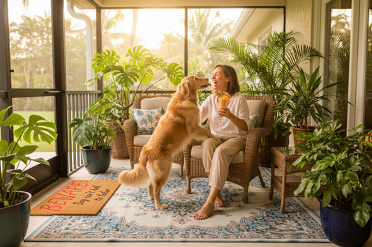 Beware Dog Can’t Hold Its Licker coir doormat in a screened entryway with a dog and its owner