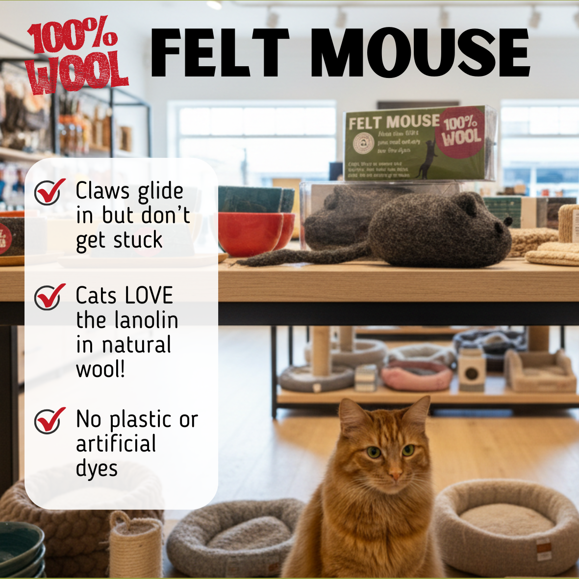 Wool felt mouse cat toy feature graphic highlighting natural wool and sensory benefits for cats