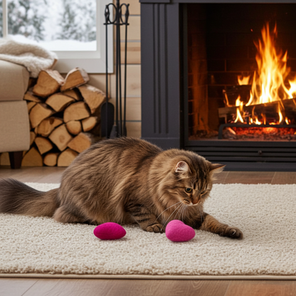 Cat playing with two wool felt heart cat toys in an indoor setting