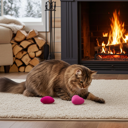Cat playing with two wool felt heart cat toys in an indoor setting