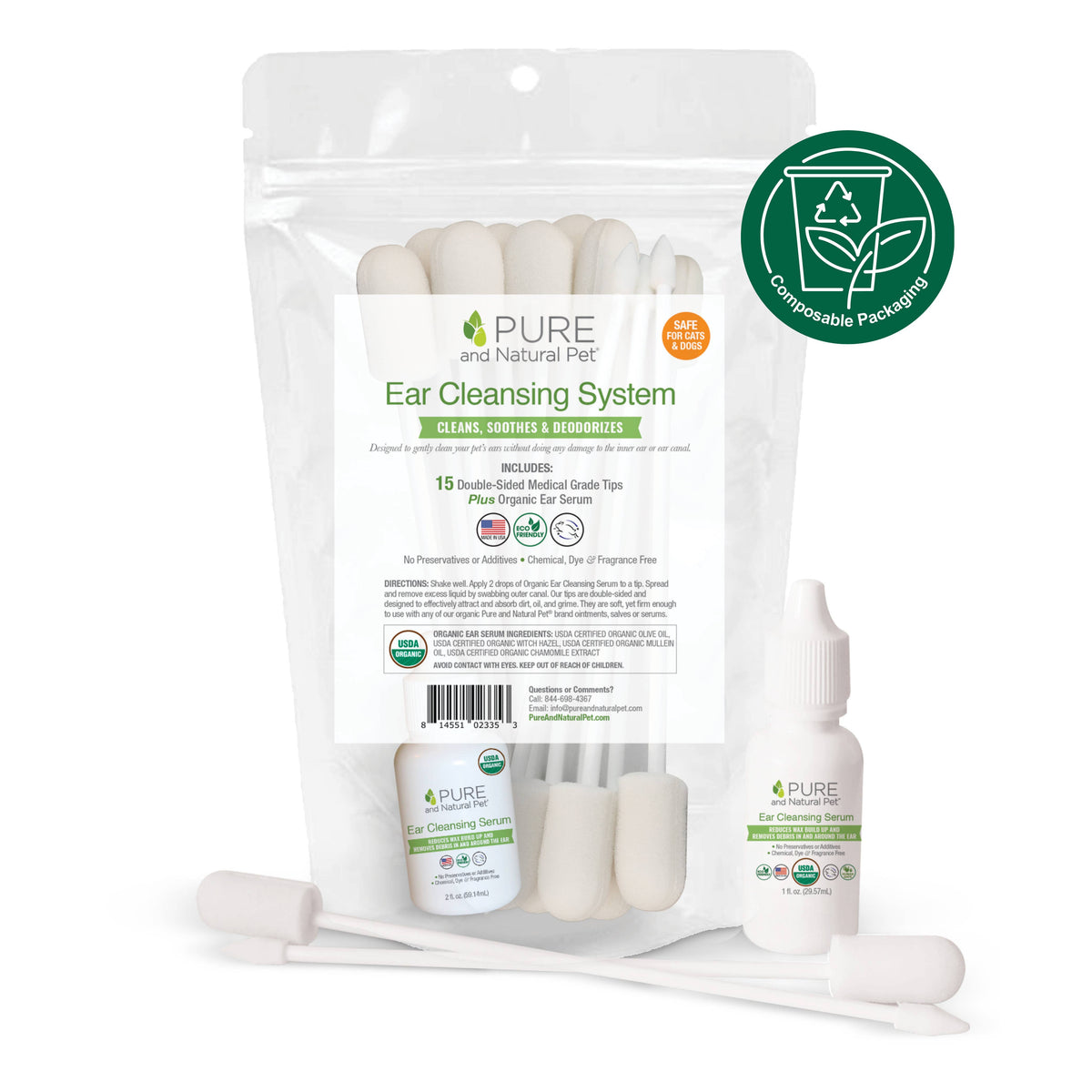 Organic Ear Cleansing System for dogs and cats including ear cleansing serum and medical-grade foam applicators
