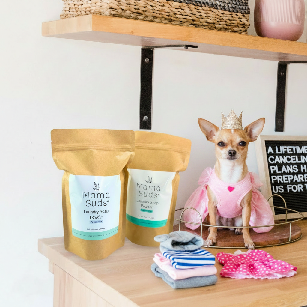 Mama Suds Peppermint Laundry Soap Powder with clean pet clothing and accessories for a healthier home environment