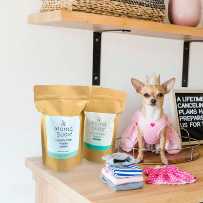 Mama Suds Peppermint Laundry Soap Powder with clean pet clothing and accessories for a healthier home environment