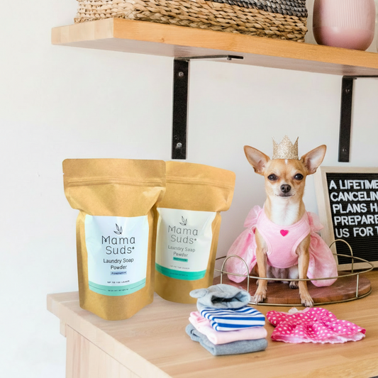 Mama Suds Peppermint Laundry Soap Powder with clean pet clothing and accessories for a healthier home environment