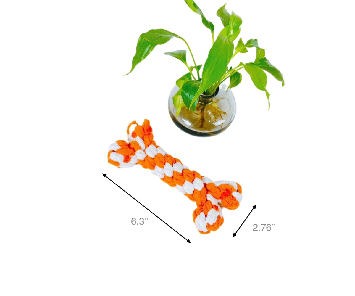 Size comparison showing the dimensions of the handmade rope bone dog toy