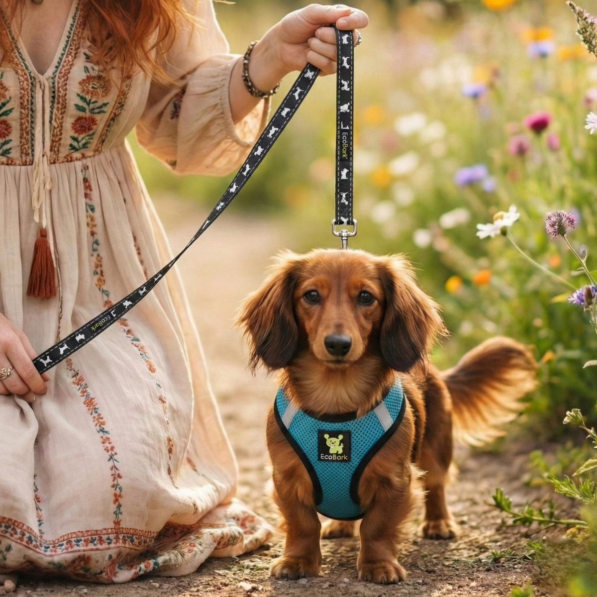 Long-haired Dachshund wearing the EcoBark Aqua Sport reflective step-in harness for small dogs