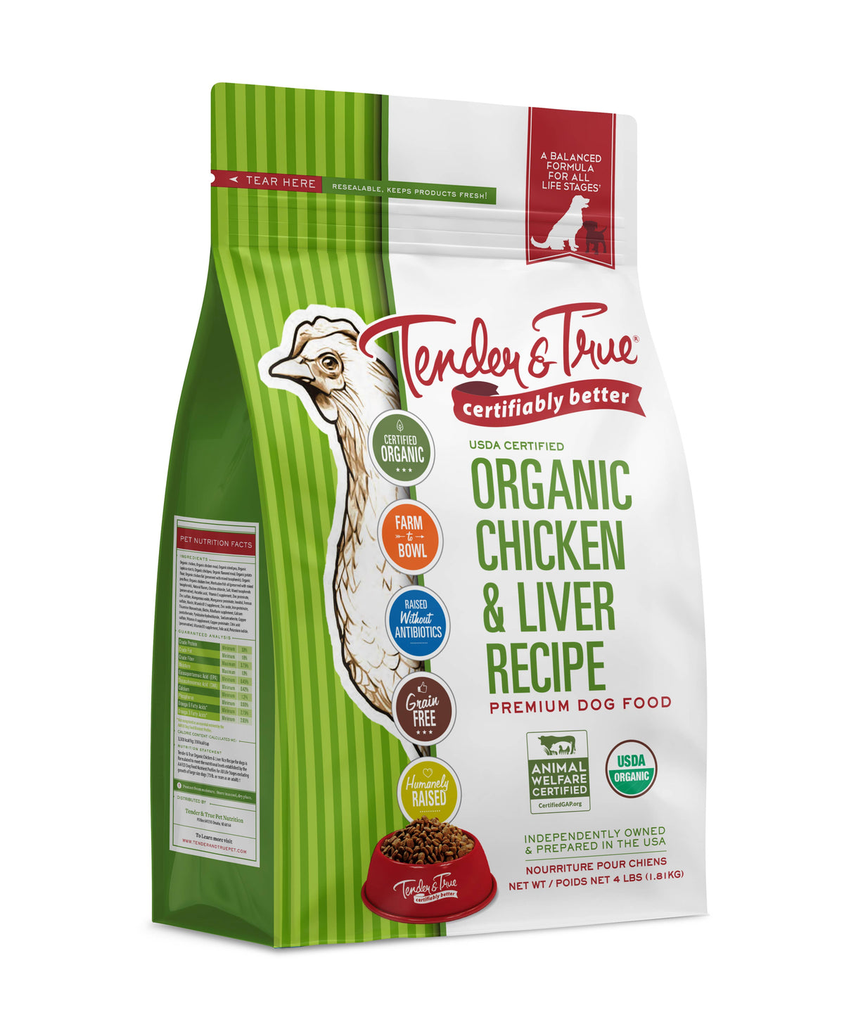 Organic Chicken & Liver Recipe Dry Dog Food 4 lb bag made with USDA Certified Organic chicken and liver.