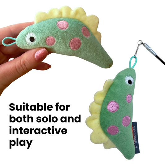 Green Dino plush cat toy shown for both standalone and interactive wand play
