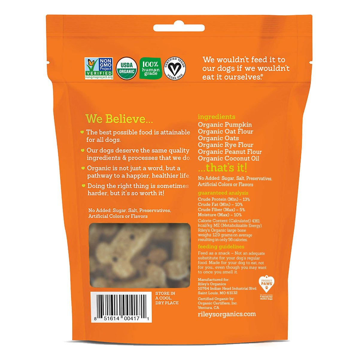 Riley’s Organics Pumpkin & Coconut dog treats package back with ingredients and product information