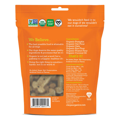Riley’s Organics Pumpkin & Coconut dog treats package back with ingredients and product information