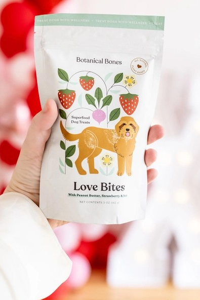 Close-up of Botanical Bones Love Bites functional dog treat package