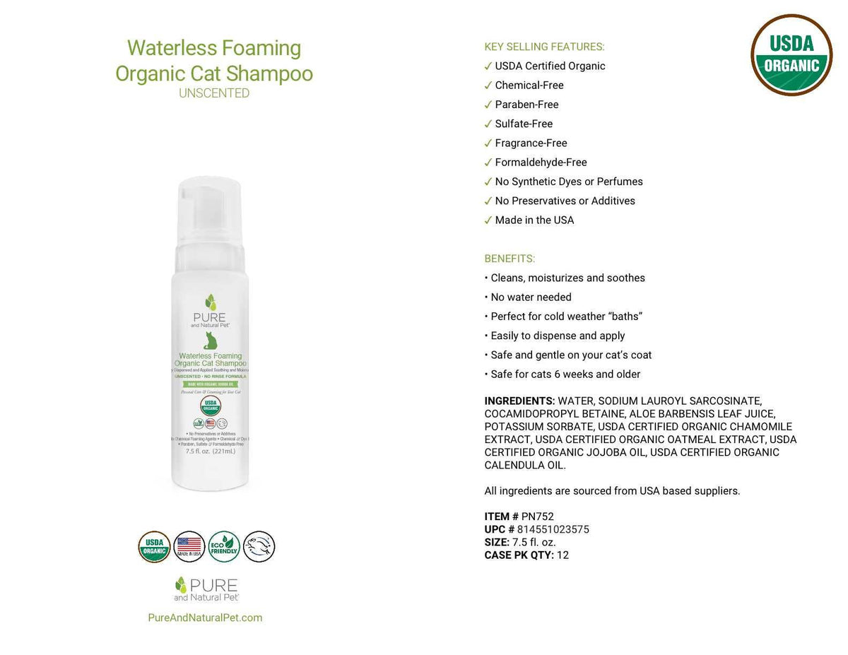 Organic waterless foaming cat shampoo product details, ingredients, and key benefits