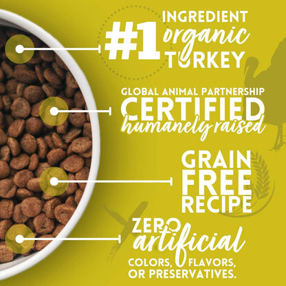 Tender & True Organic Turkey & Liver dog food features graphic highlighting organic turkey, animal welfare certification, grain-free recipe, and no artificial colors, flavors, or preservatives