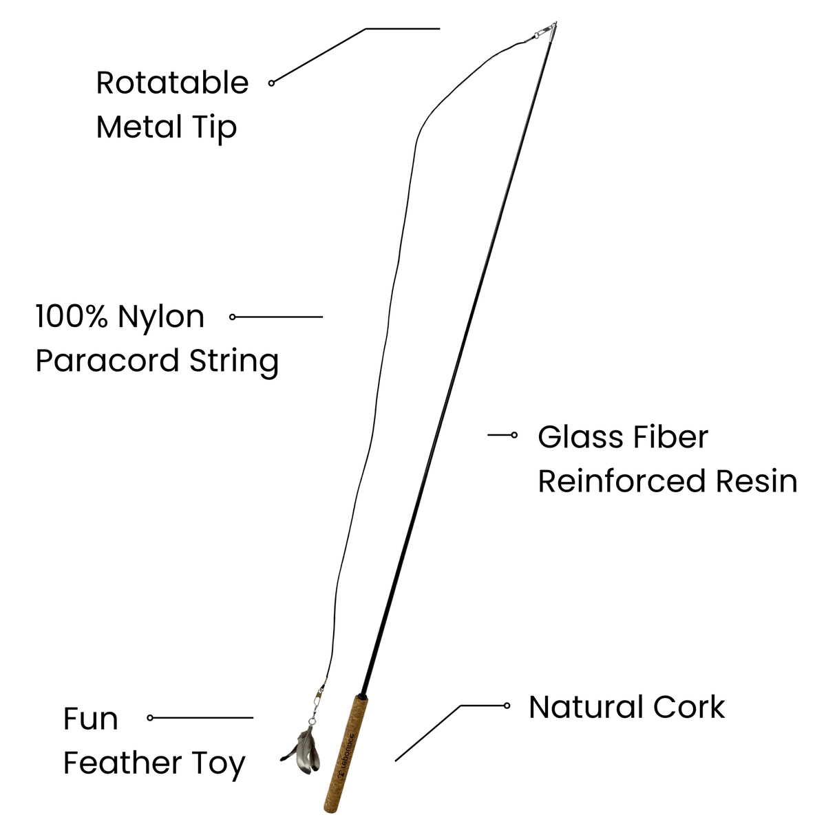 Forever Stick cat wand showing glass fiber reinforced resin, natural cork, nylon paracord, and metal tip