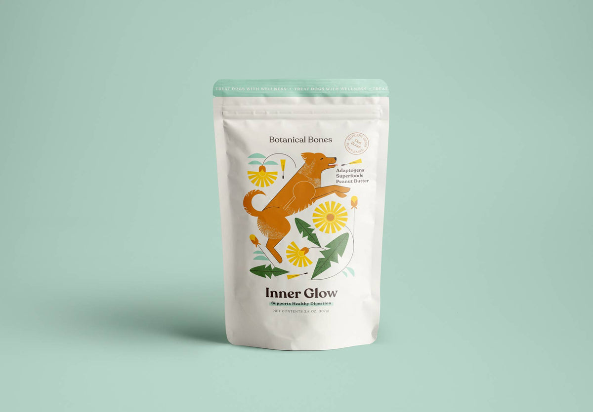 Botanical Bones Inner Glow organic dog treats package on green background