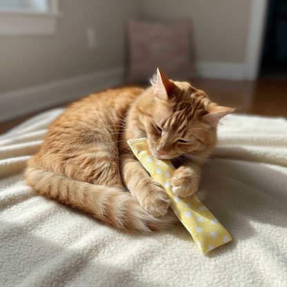 Relaxed cat cuddling a handmade valerian cuddler toy