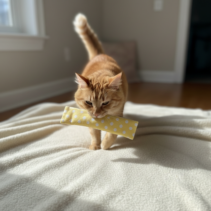 Cat carrying a handmade valerian cuddler toy across a blanket