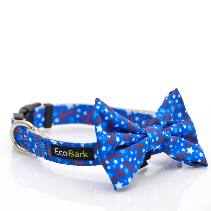 EcoBark nautical bow tie dog collar with detachable bow tie laid flat