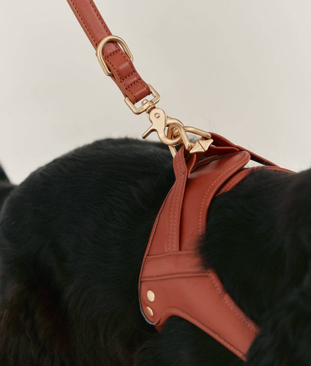 Close-up of the brown Jala vegan leather harness attached to a leash with premium metal hardware