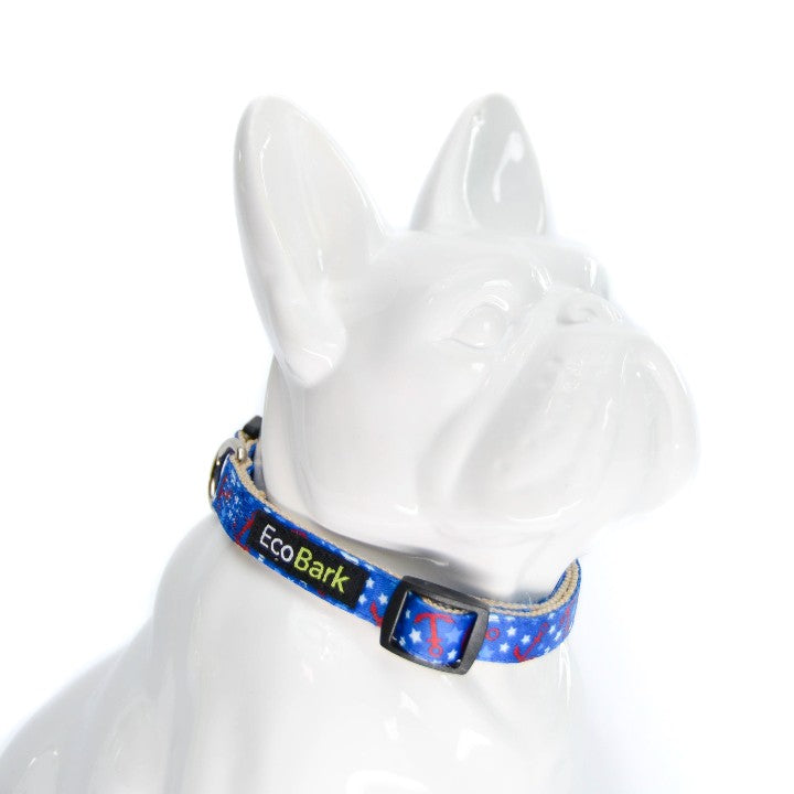 Side view of EcoBark blue nautical dog collar with detachable bow tie on mannequin