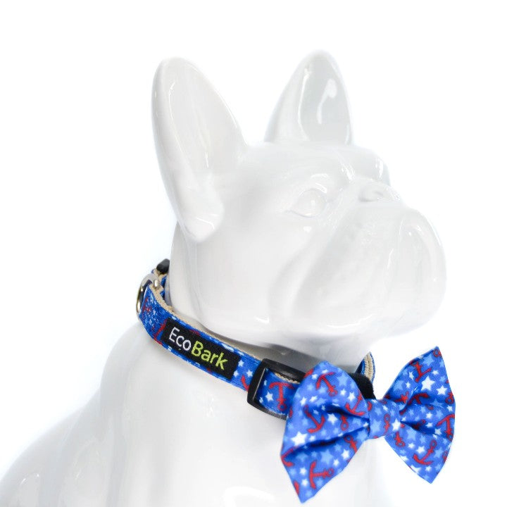 EcoBark nautical print dog collar with detachable bow tie displayed on dog mannequin