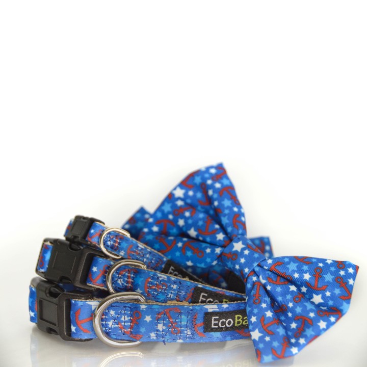 EcoBark nautical dog collar with detachable bow tie removed to show versatile two-piece design