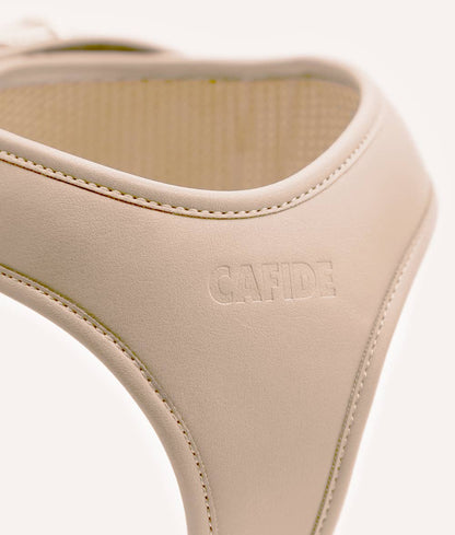 Close-up of the Beige Jala harness showing premium stitching, padded interior, and handcrafted European craftsmanship