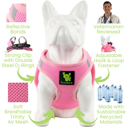 EcoBark Baby Pink Reflective Step-In Dog Harness features including breathable mesh, reflective trim, and recycled materials