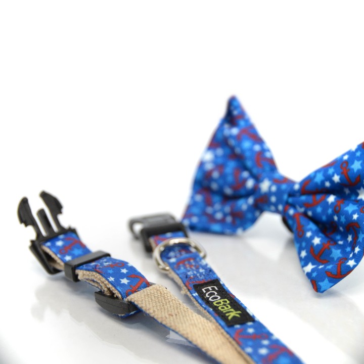 EcoBark nautical dog collar and detachable bow tie showing recycled materials and craftsmanship