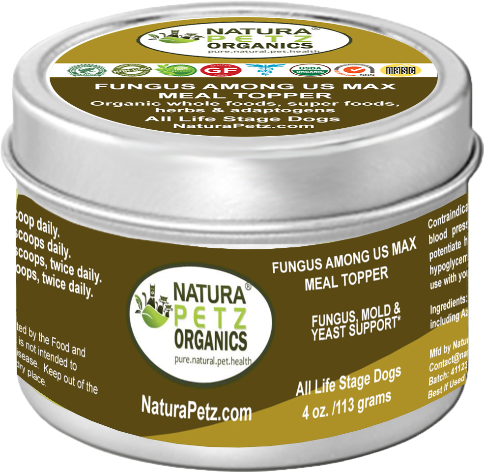 Fungus Among Us Max Meal Topper for Dogs turkey flavor supplement tin.