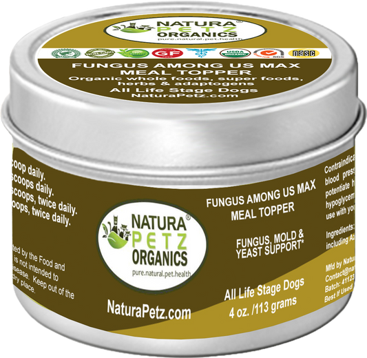 Fungus Among Us Max Meal Topper for Dogs turkey flavor supplement tin.