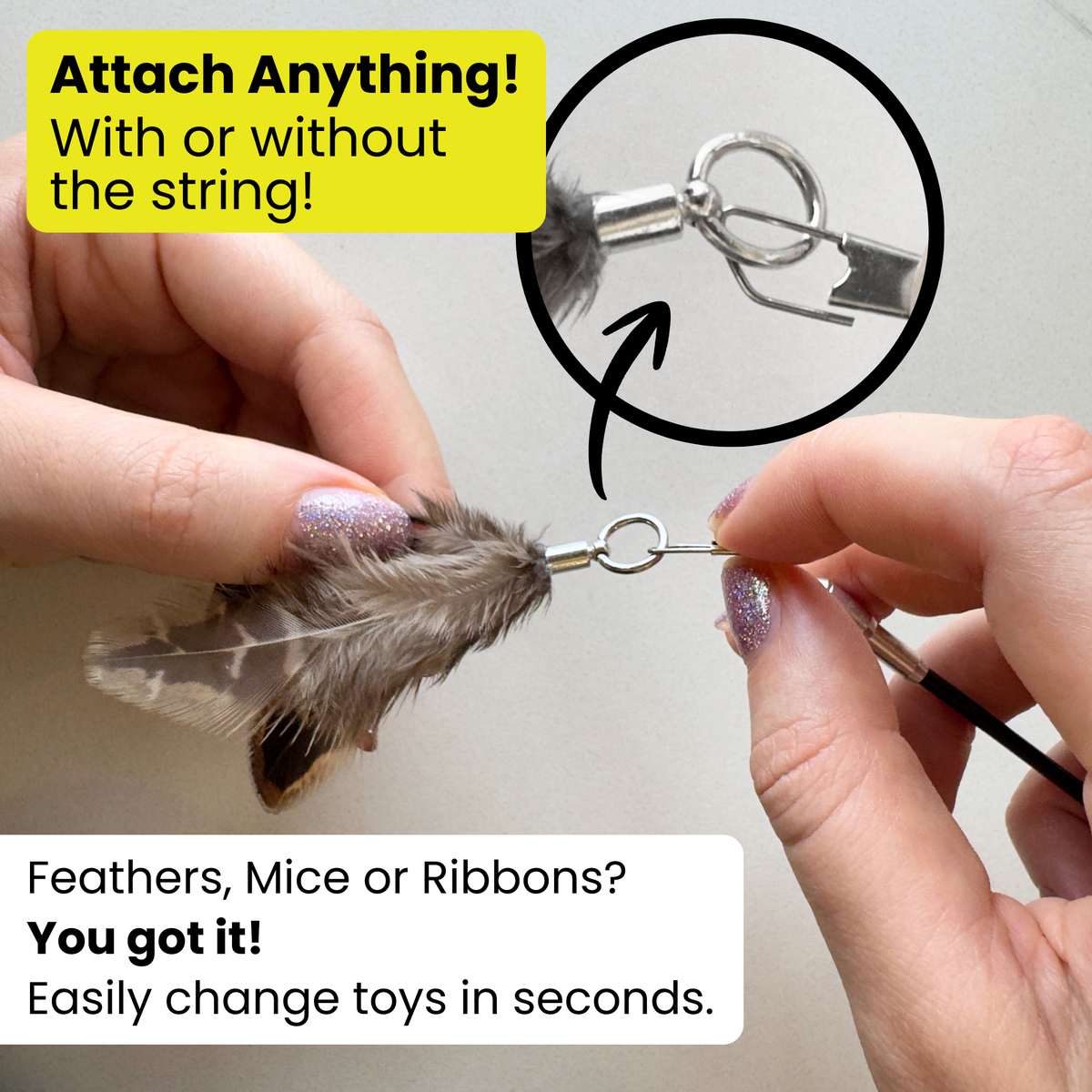 Forever Stick interchangeable attachment system for feathers, mice, ribbons, and other cat toys