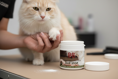 B&B Klip Stop shown during cat nail care with a cat paw gently held