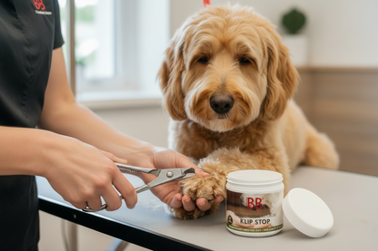 Dog receiving nail trimming with B&B Klip Stop visible beside the grooming area