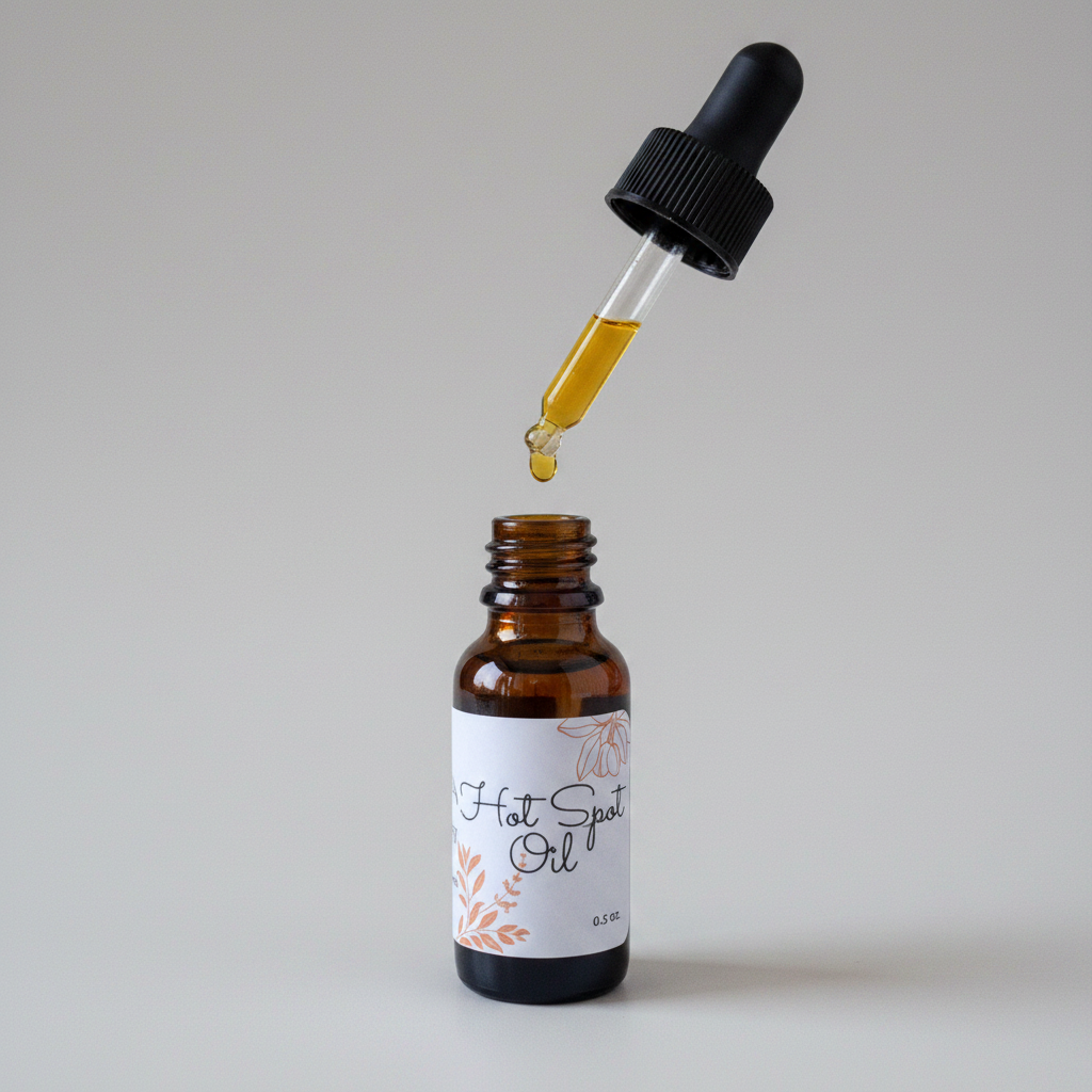 Dropper dispensing Organic Hot Spot Oil from a 0.5 oz amber glass bottle for precise topical application.