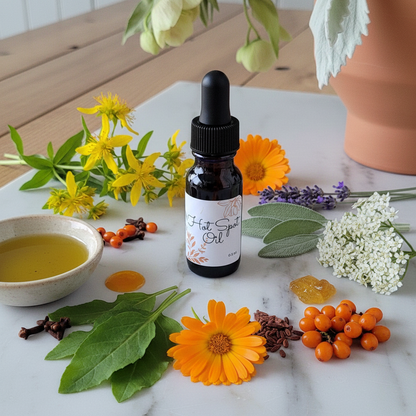 Organic Hot Spot Oil displayed with the botanical ingredients used in its handcrafted herbal formula, including calendula, plantain, St. John’s wort, sea buckthorn, lavender, sage, and olive oil.