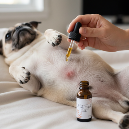 Organic Hot Spot Oil being gently applied to a dog’s irritated skin using the glass dropper.