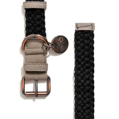     Close-up of BetterCollar Onyx Black Dog Collar     Close-up of BetterCollar Onyx Black Dog Collar with durable buckle and recycled woven construction